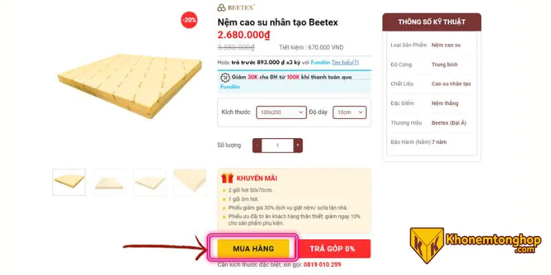 Mua nệm trả góp 0% dễ dàng thông qua Fundiin