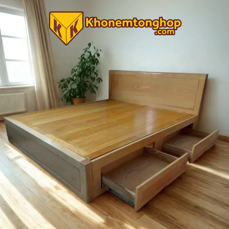 Mẫu giường gỗ 2mx2m2 đẹp từ gỗ sồi phủ dạt phản ngăn kéo