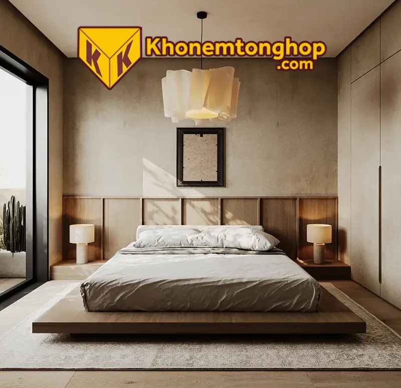 Phòng Ngủ Phong Cách Wabi-sabi: Tận Hưởng Vẻ Đẹp Tự Nhiên và Đơn Giản 5 Phòng ngủ phong cách Wabi-Sabi tối giản với giường gỗ thấp
