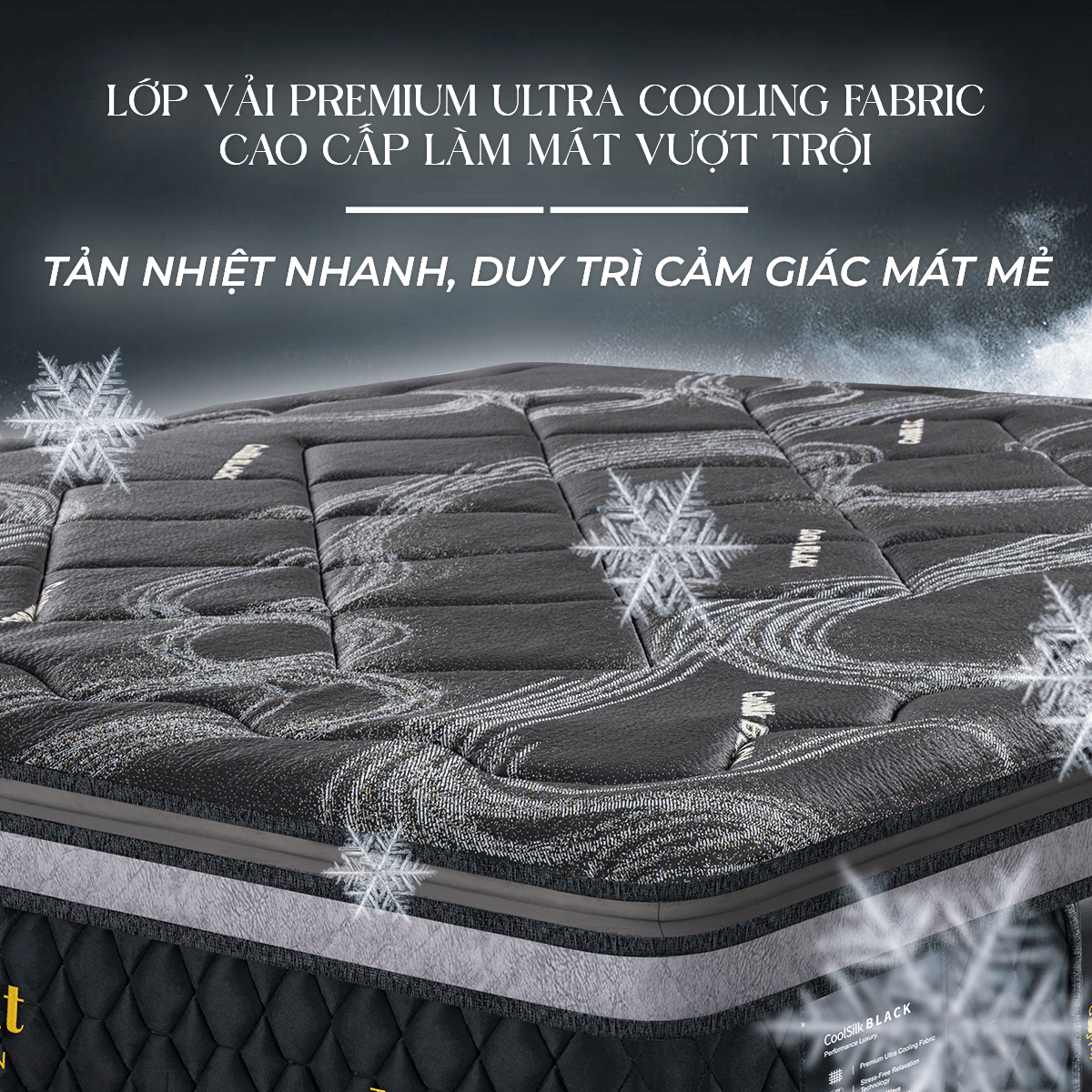 Nệm lò xo Dunlopillo CoolSilk BLACK Beaumont 18 Bề mặt vải Premium Ultra Cooling Fabric mang lại cảm giác mát mẻ, dễ chịu ngay từ lần chạm đầu tiên.