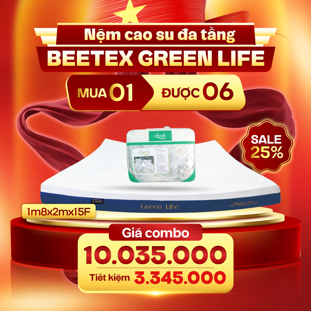 Combo Nệm cao su đa tầng Beetex Green Life 1m8 ưu đãi dịp 2/9 sale 25% tặng kèm bộ drap mền