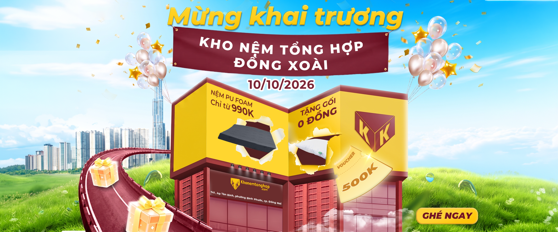 Kho Nệm Tổng Hợp Đồng Xoài khai trương ngày 10/10/2026 với nhiều ưu đãi hấp dẫn.
